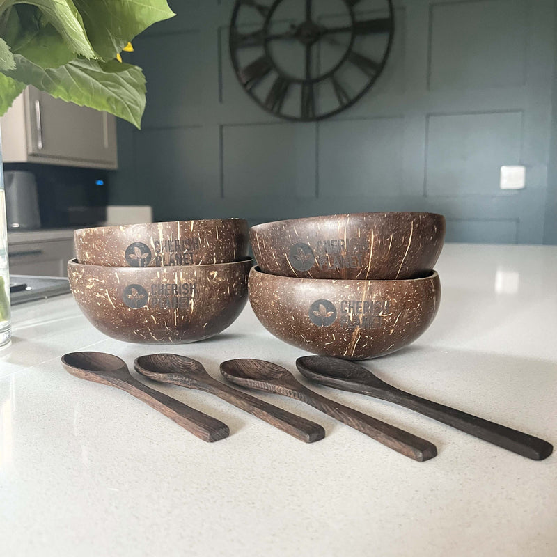 Real Coconut Shell Bowls with Wooden Spoons