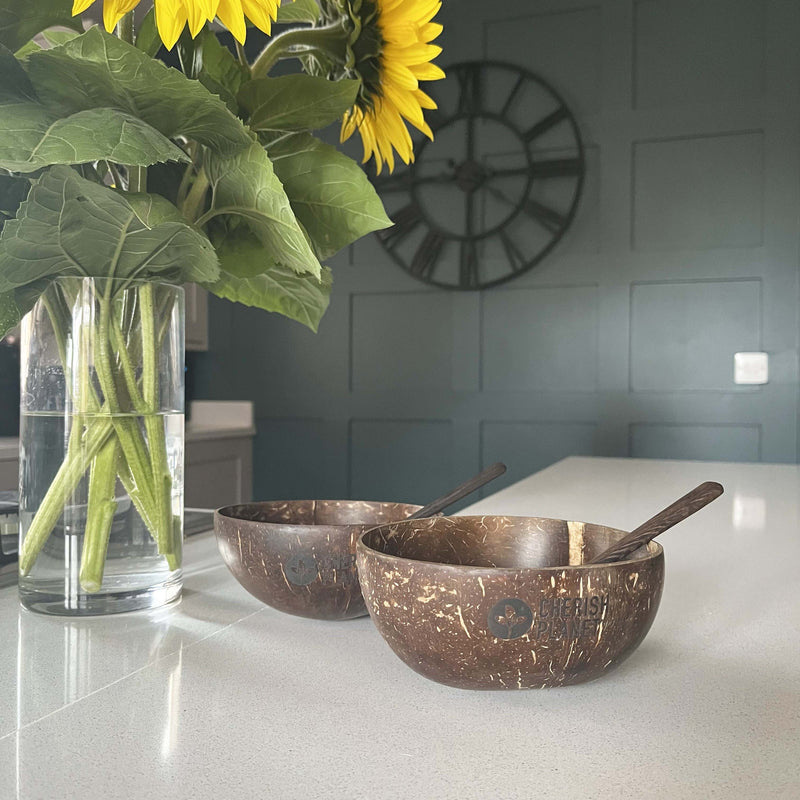 Real Coconut Shell Bowls with Wooden Spoons