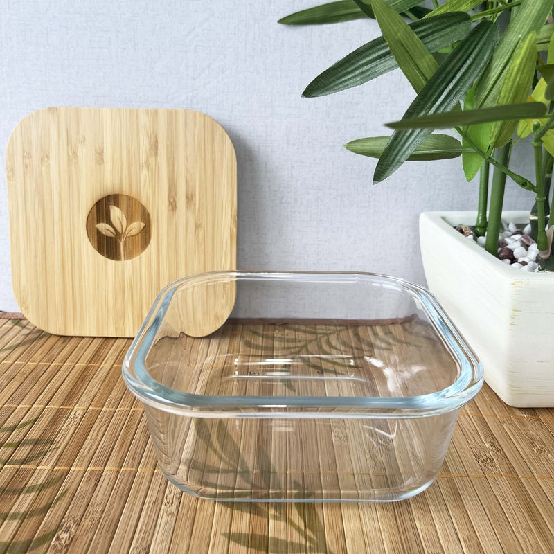 Square Glass Food Container with Bamboo Lid